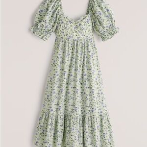 Abercrombie & Fitch Puff Sleeve Poplin Midi Dress - Green with Blue floral